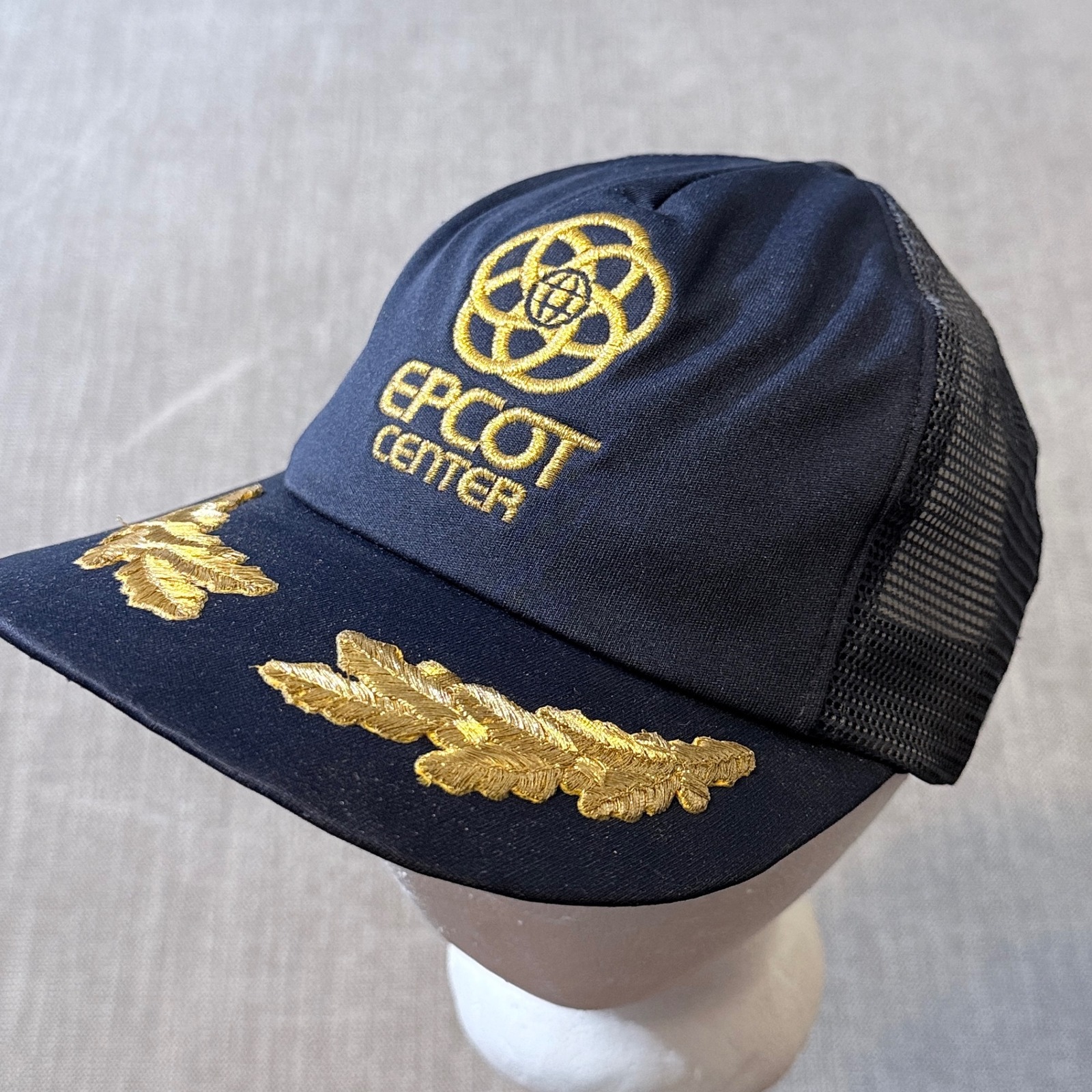 Vintage Disney Epcot Center Trucker Hat Navy Blue Gold Snapback Cap